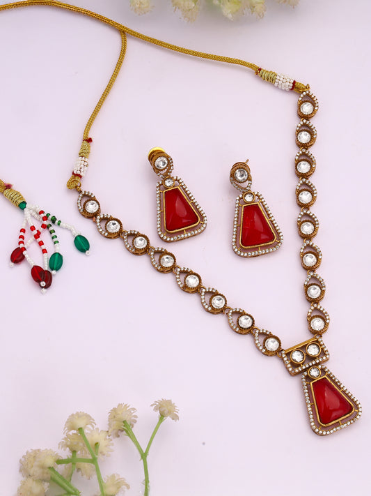 Giftssho Brass Gold Rhodium Imitation Jwellery With Mozonite original Stones For Timeless Glow Brass & Moissanite Necklace Set